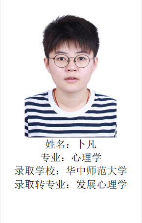  姓名：卜凡专业：心理学录取学校：华中师范大学录取转专业：发展心理学